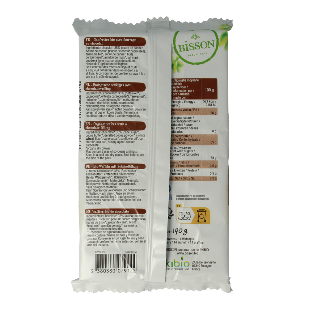 Bisson Chocolade wafels gaufrettes bio 190.00 Gram