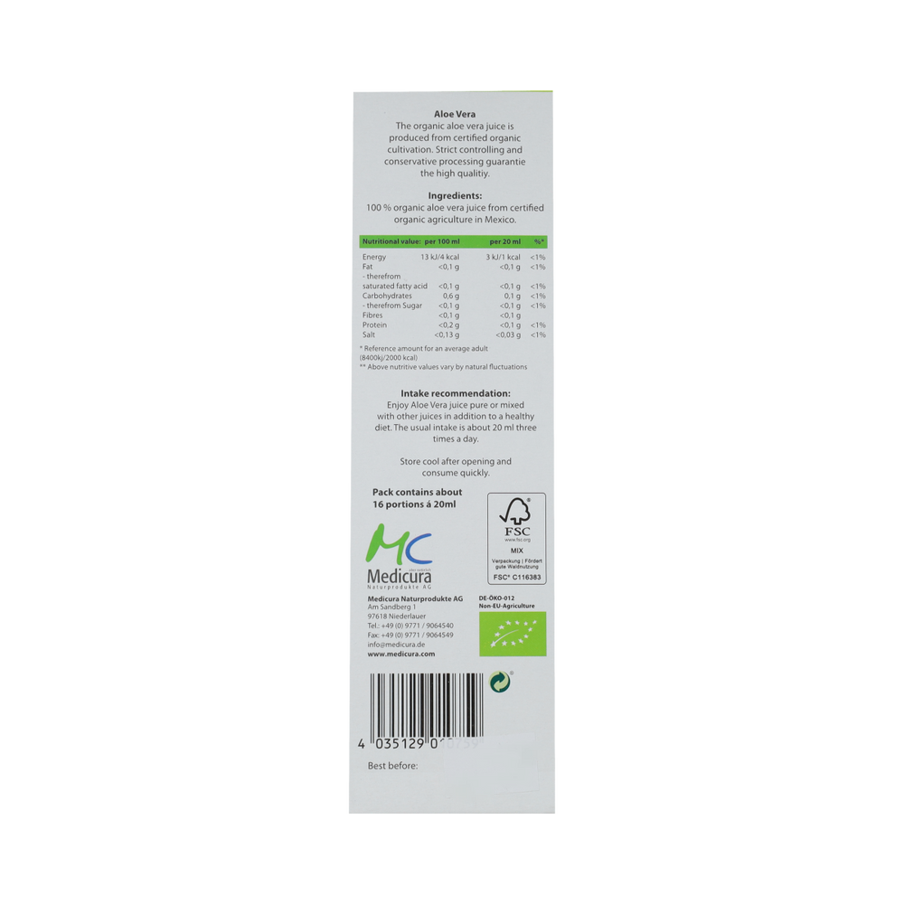 Medicura Aloe vera 100% sap bio 330.00 Milliliter