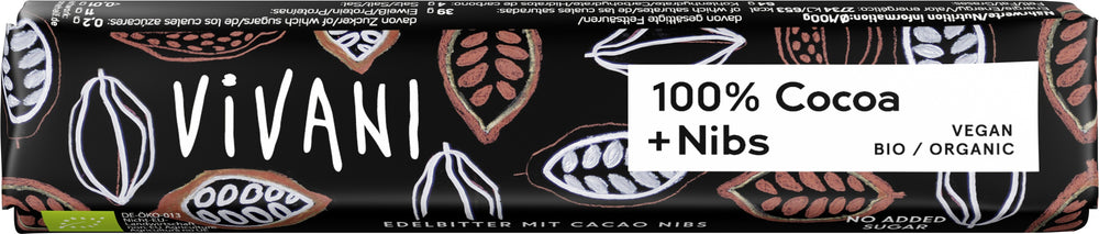Vivani Chocolate to go puur 100% + nibs bio 25.00 Gram
