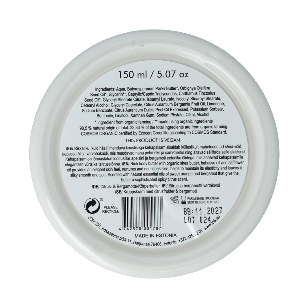 Joik Organics Citrus & bergamot body butter organic vegan 150.00 Milliliter