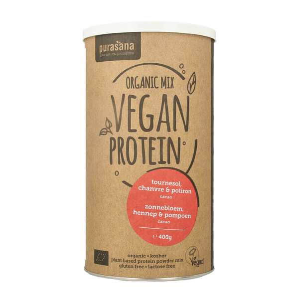 Purasana Proteine zonnebloem hennep pompoen cacao vegan bio 400 Gram
