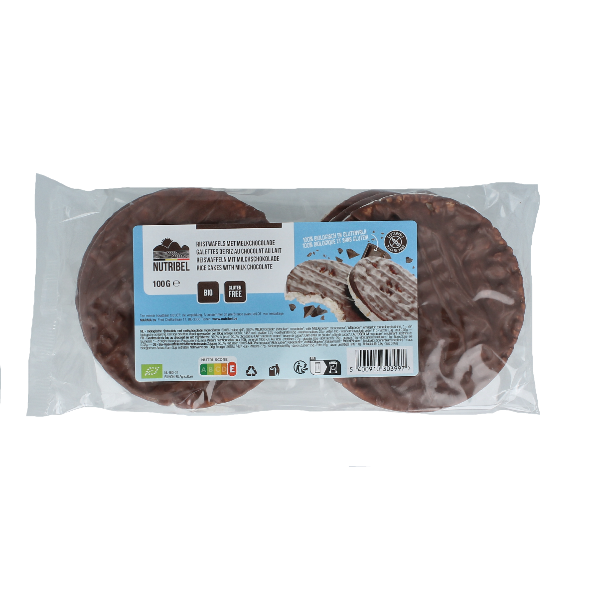 Nutribel Rijstwafels melkchocolade bio 100.00 Gram
