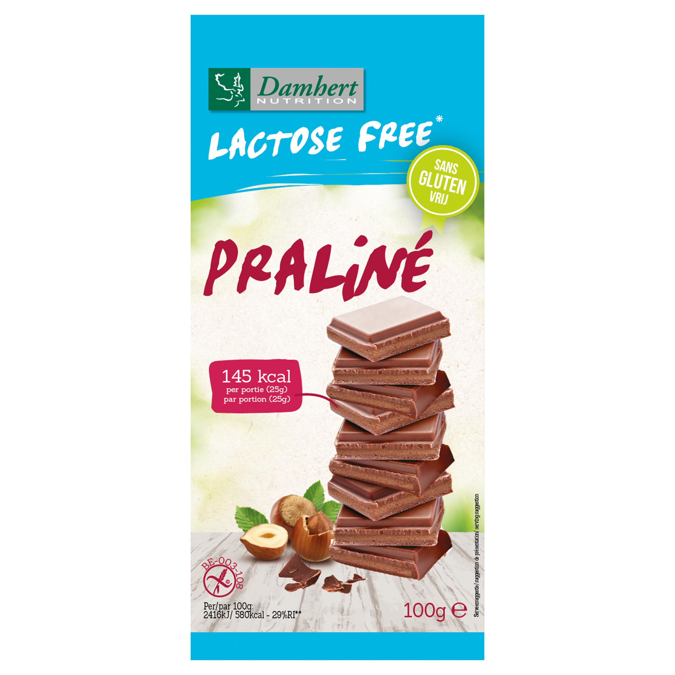 Damhert Chocoladetablet praline glutenvrij en lactosevrij 100.00 Gram