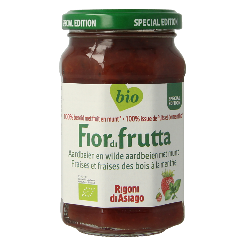 Fiordifrutta Aardbeien en wilde aardbeien met munt jam bio 250 Gram
