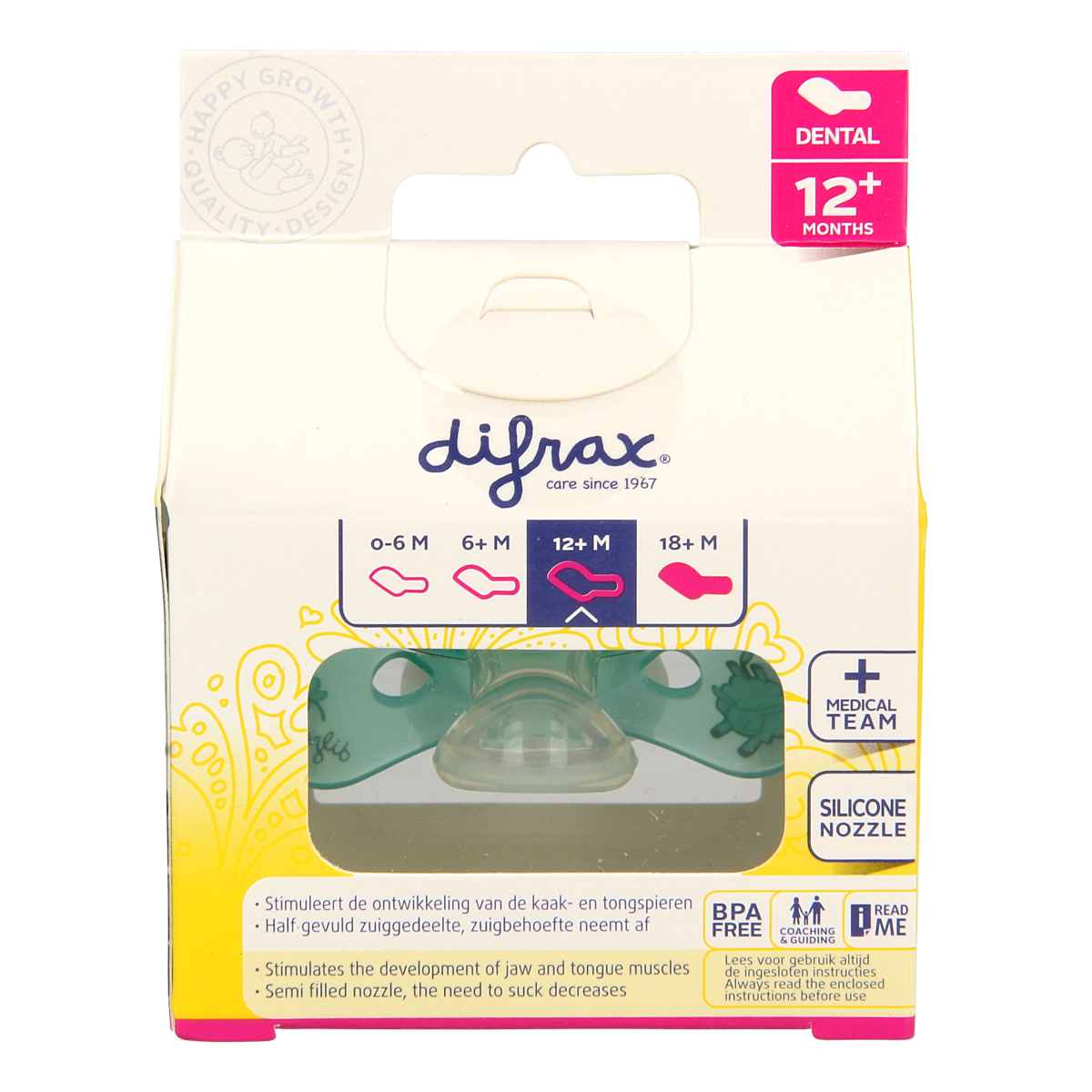 Difrax Fopspeen dental 12+ maanden glow in the dark 1.00 Stuks