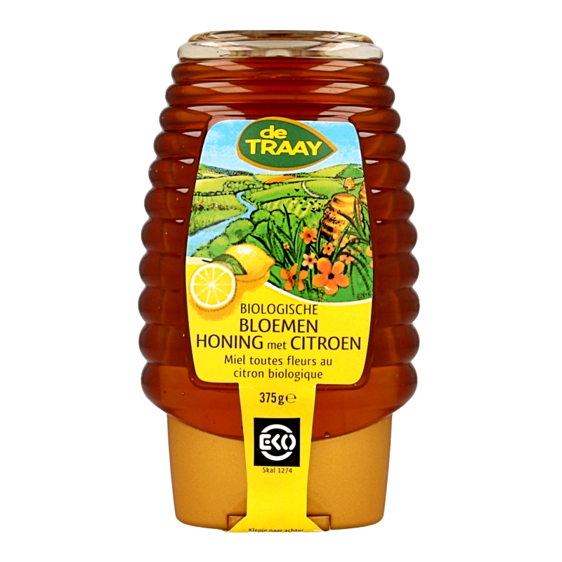 Traay Bloemenhoning met citroen knijpfles bio 365 Gram