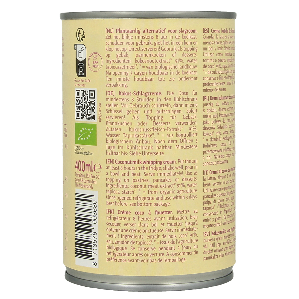 TerraSana Kokosmelk slagroom 30% vet bio 400.00 Milliliter