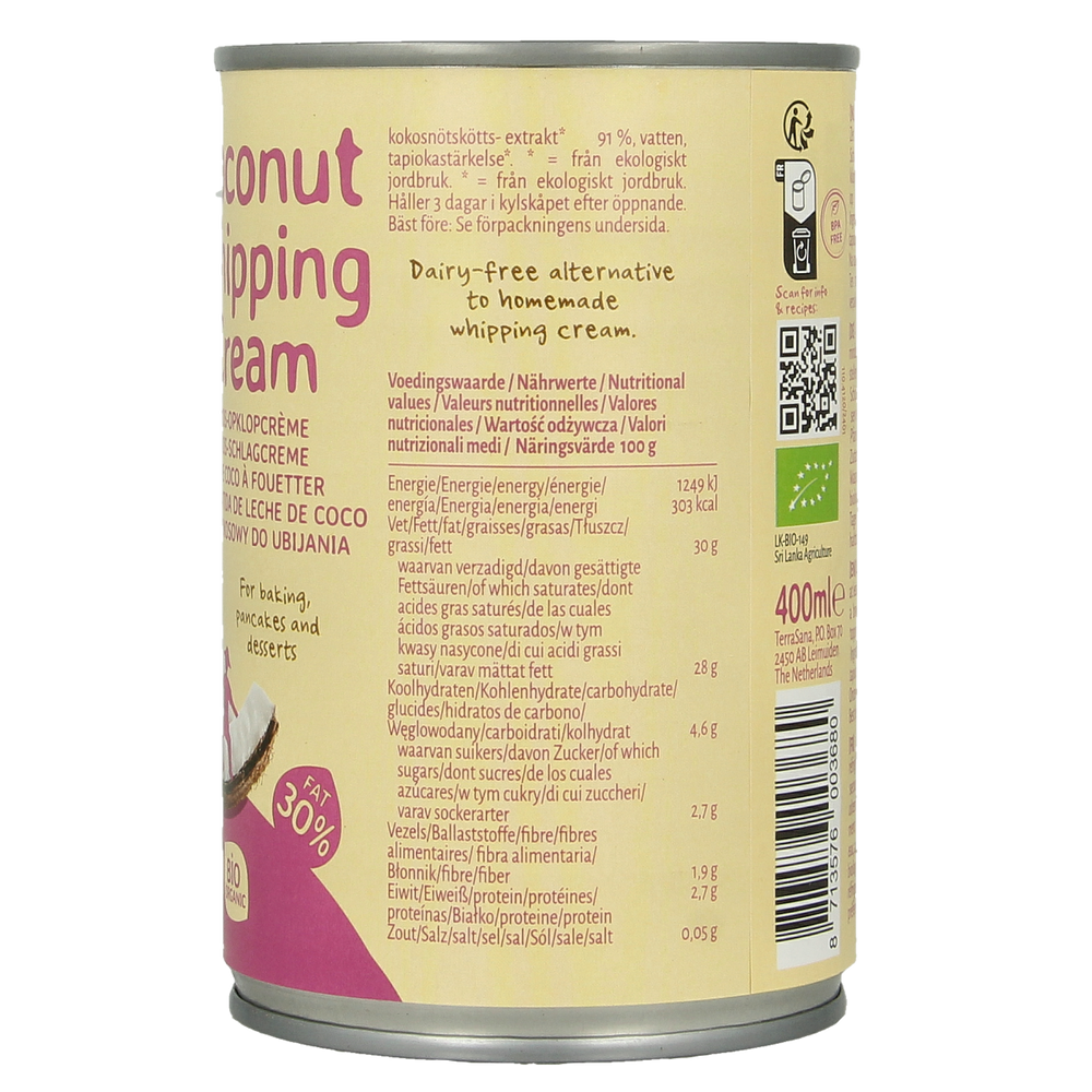 TerraSana Kokosmelk slagroom 30% vet bio 400.00 Milliliter
