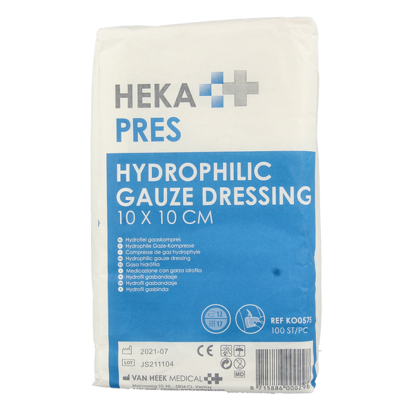 Hekapres Hydrofiele gaaskompres 10 x 10cm 100.00 Stuks