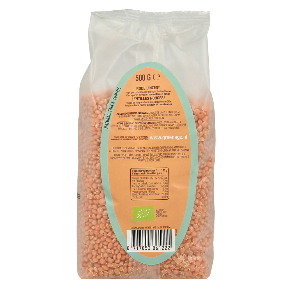 Greenage Rode linzen bio 500.00 Gram