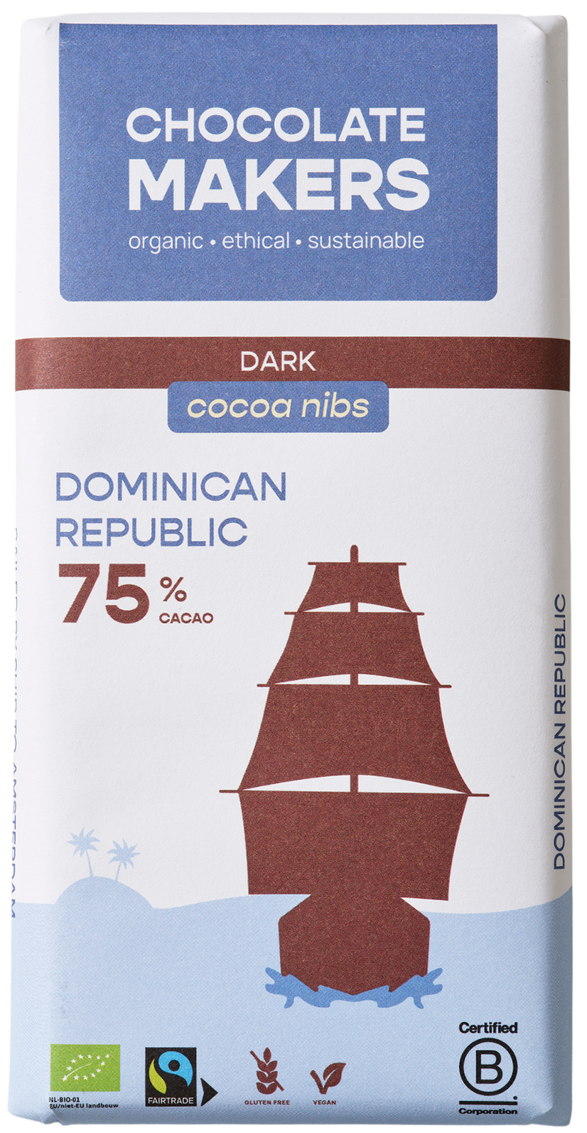 Chocolatemakers Reep tres hombres 75% puur met cacaonibs bio 80.00 Gram