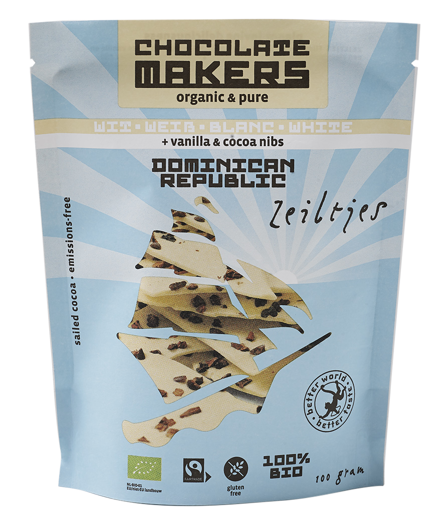 Chocolatemakers Zeiltjes wit met cacaonibs & vanille bio 100.00 Gram