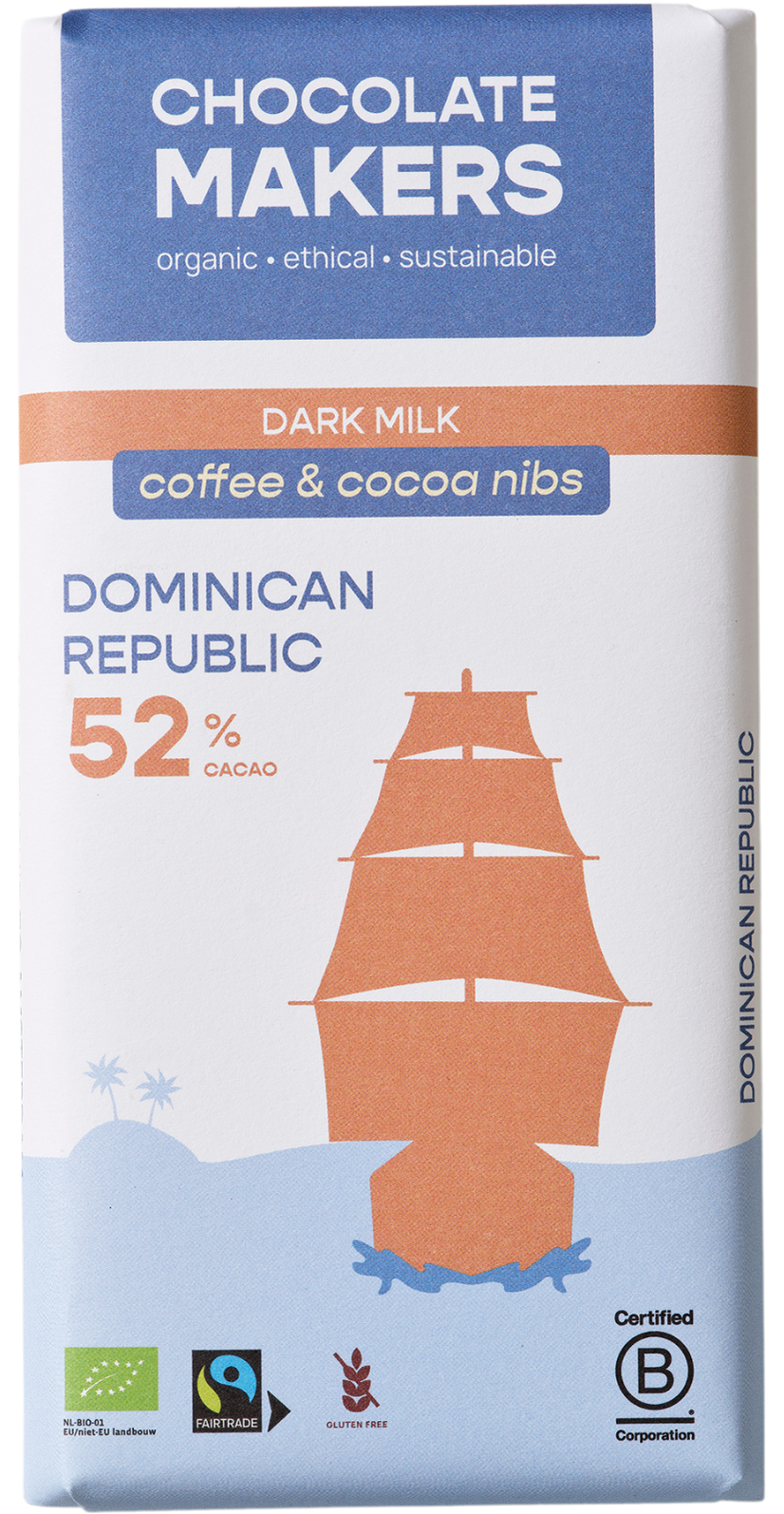 Chocolatemakers Reep tres hombres 52% melk cacaonibs & koffie bio 80.00 Gram