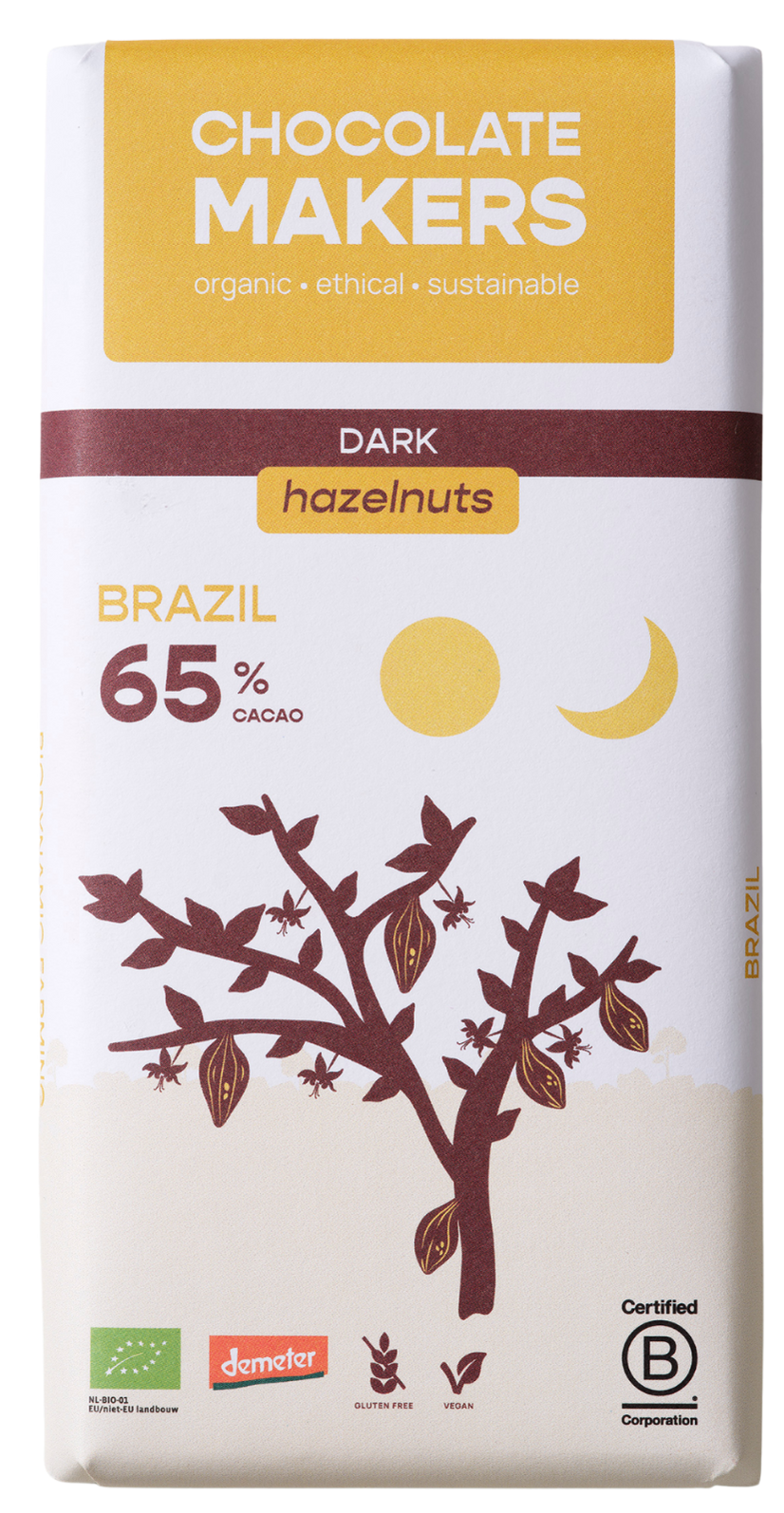 Chocolatemakers Brazil hazelnoot 65% puur demeter bio 80.00 Gram