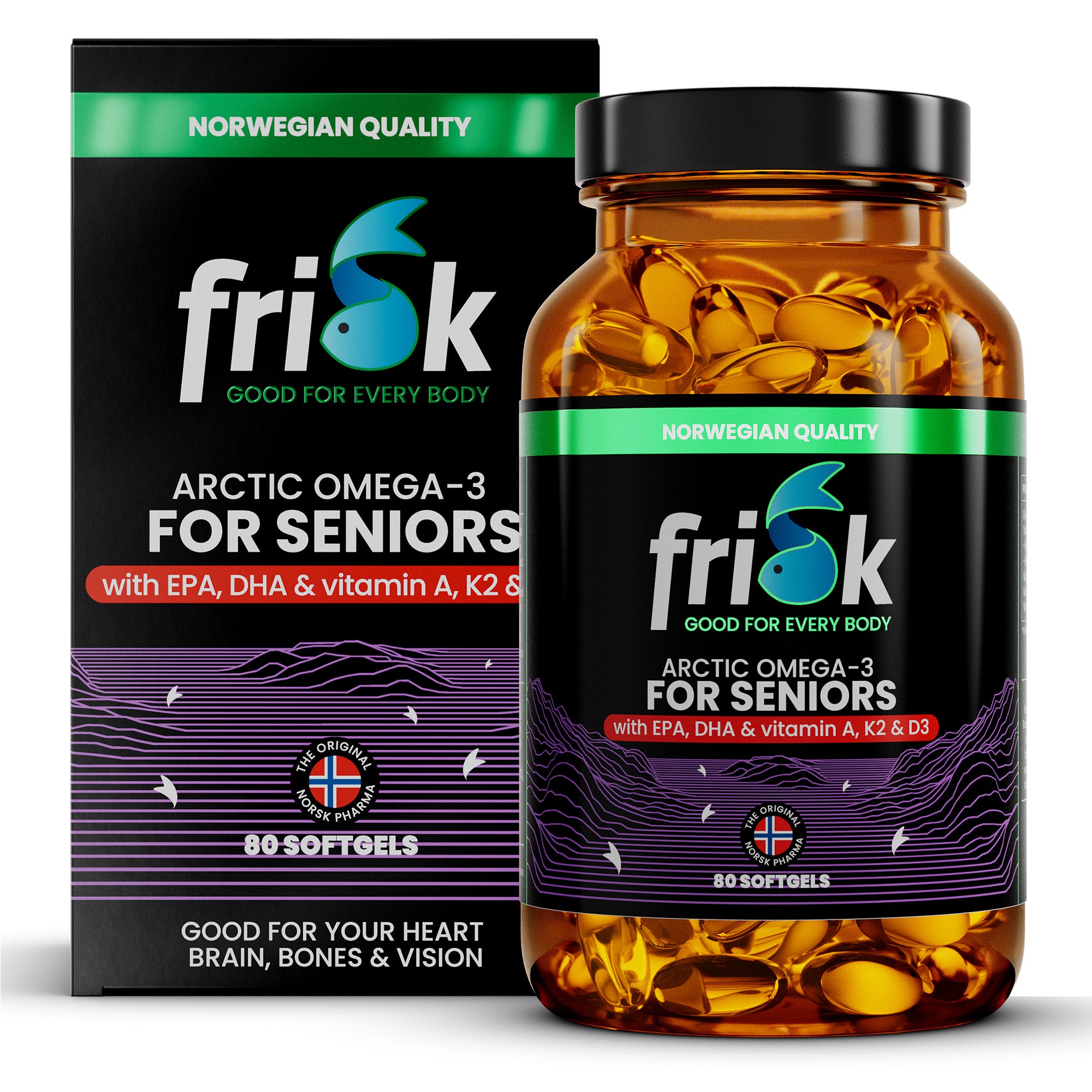 Frisk Omega 3 senioren – visolie met K2, A & D3 80.00 Softgels